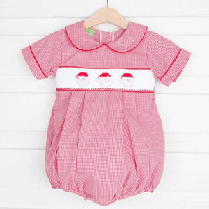 Classic Whimsy Santa smocked bubble romper baby boy gingham embroidered collar